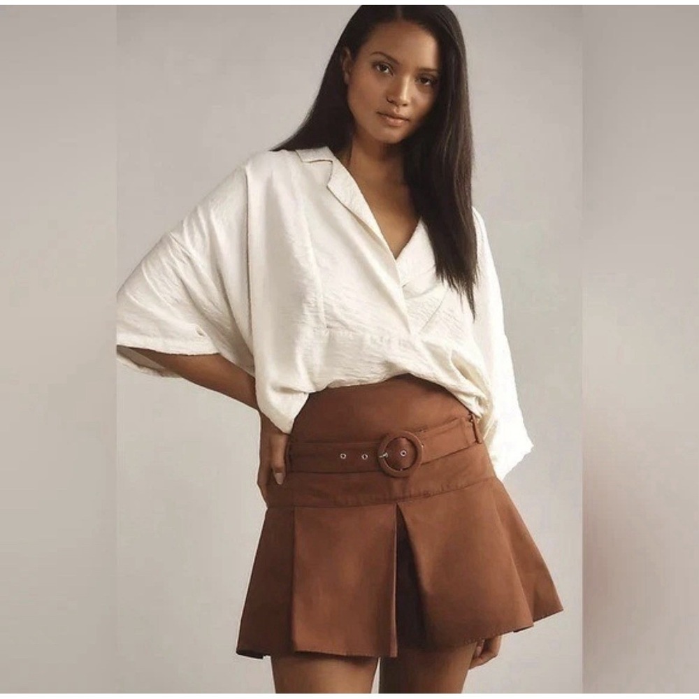 Anthropologie Brown Pleated‎ Belted Mini Skort Size 8 Chocolate Twill NEW